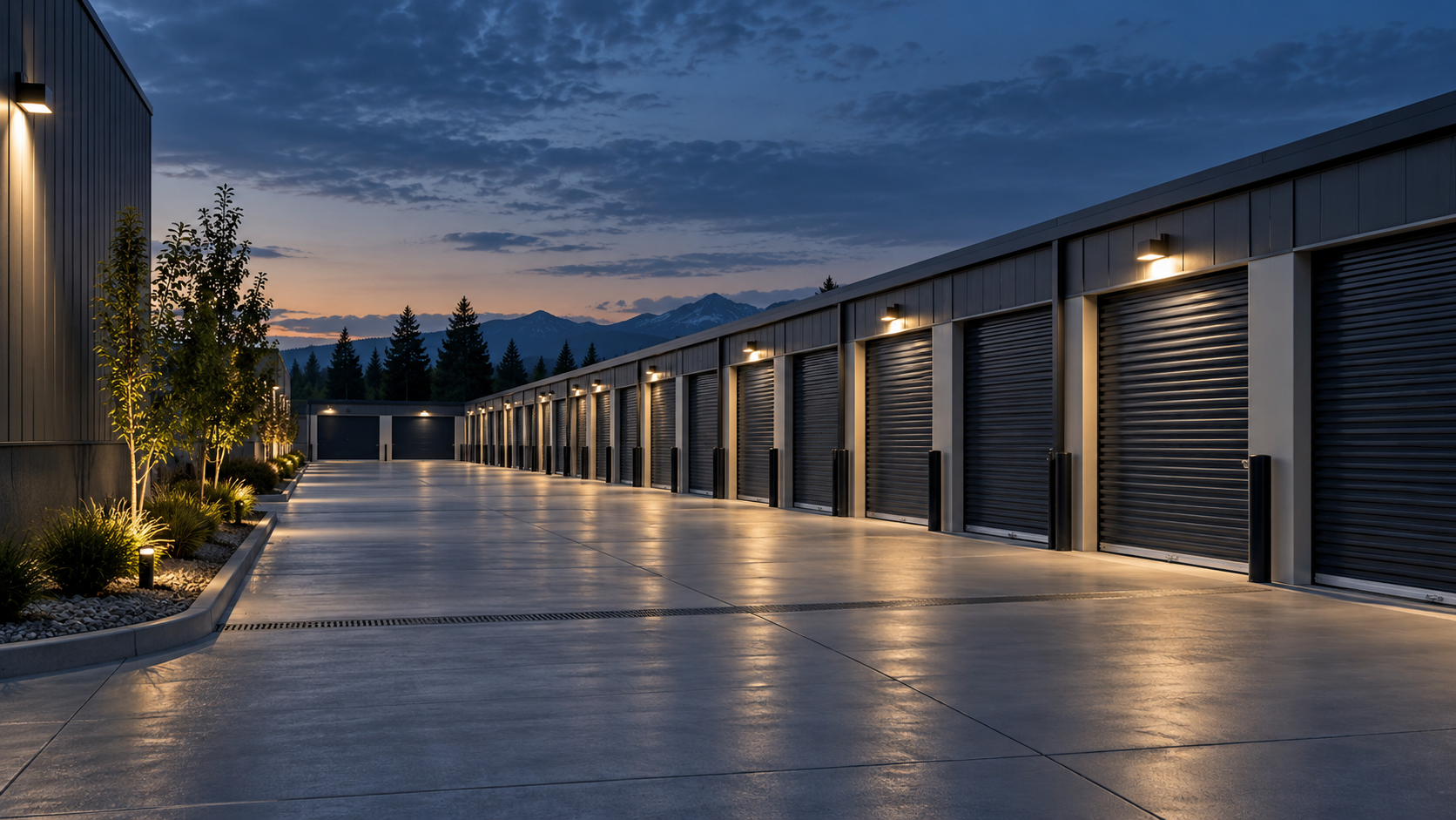 Modern drive-up self-storage facility at dusk